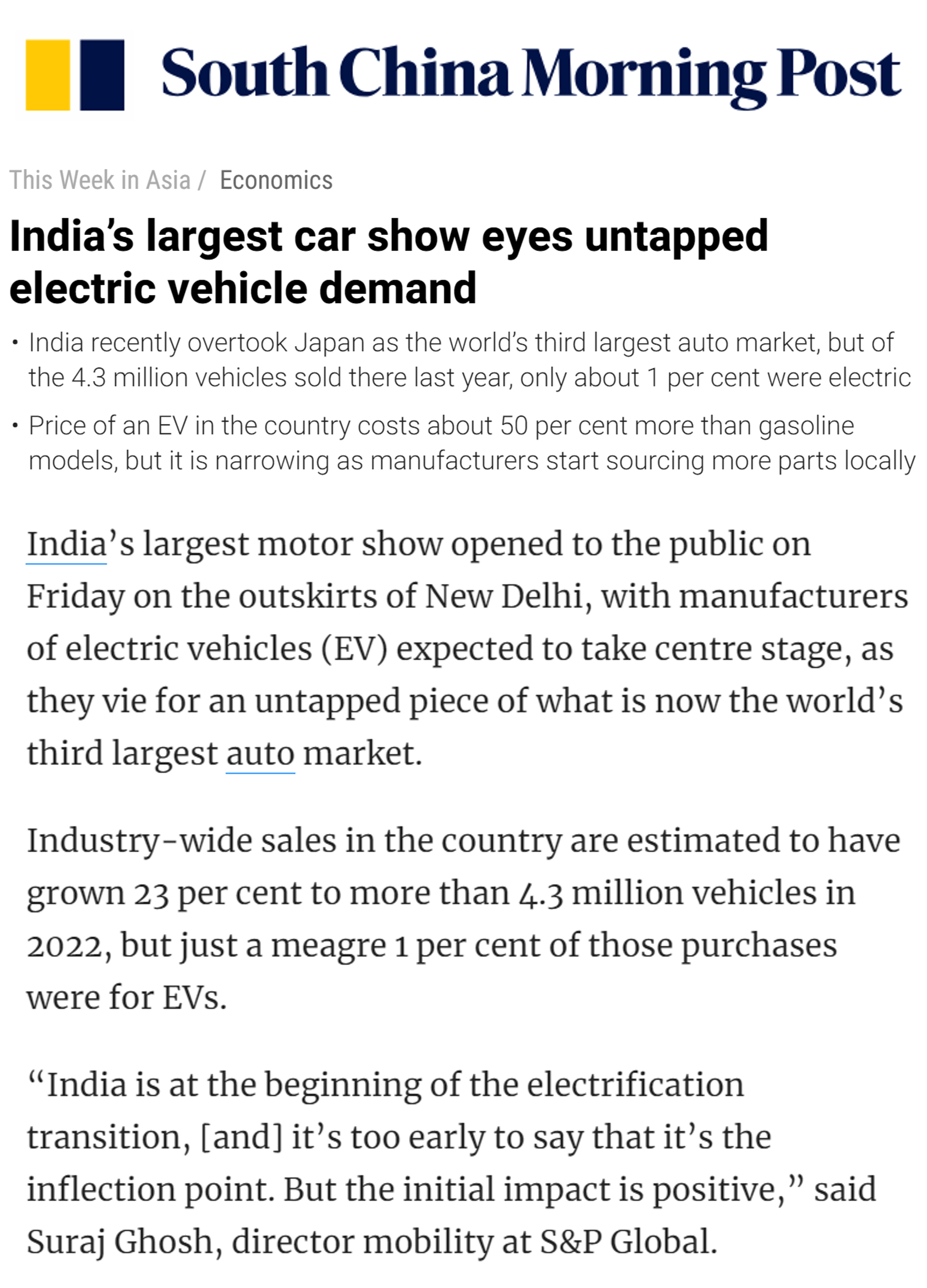 Spurthi Ravuri quoted by the South China Morning Post on the trends in EV cars sales